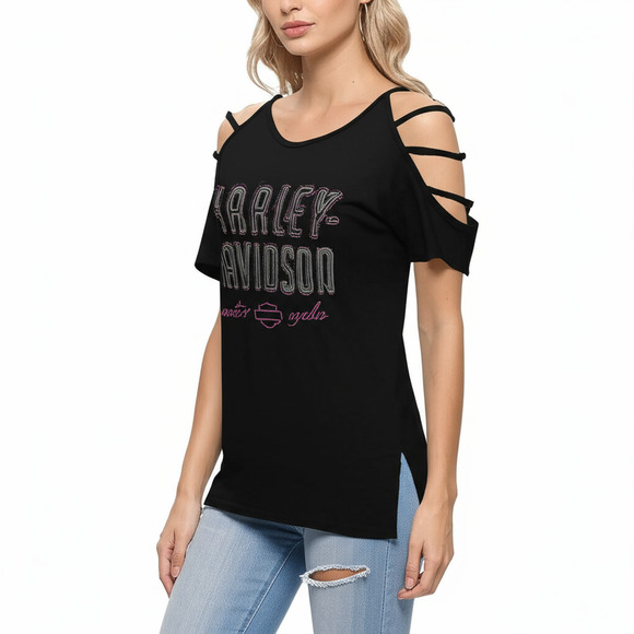 Harley-Davidson Black Cold Shoulder Distressed Print Criss Cross Top T-Shirt M - Picture 1 of 6